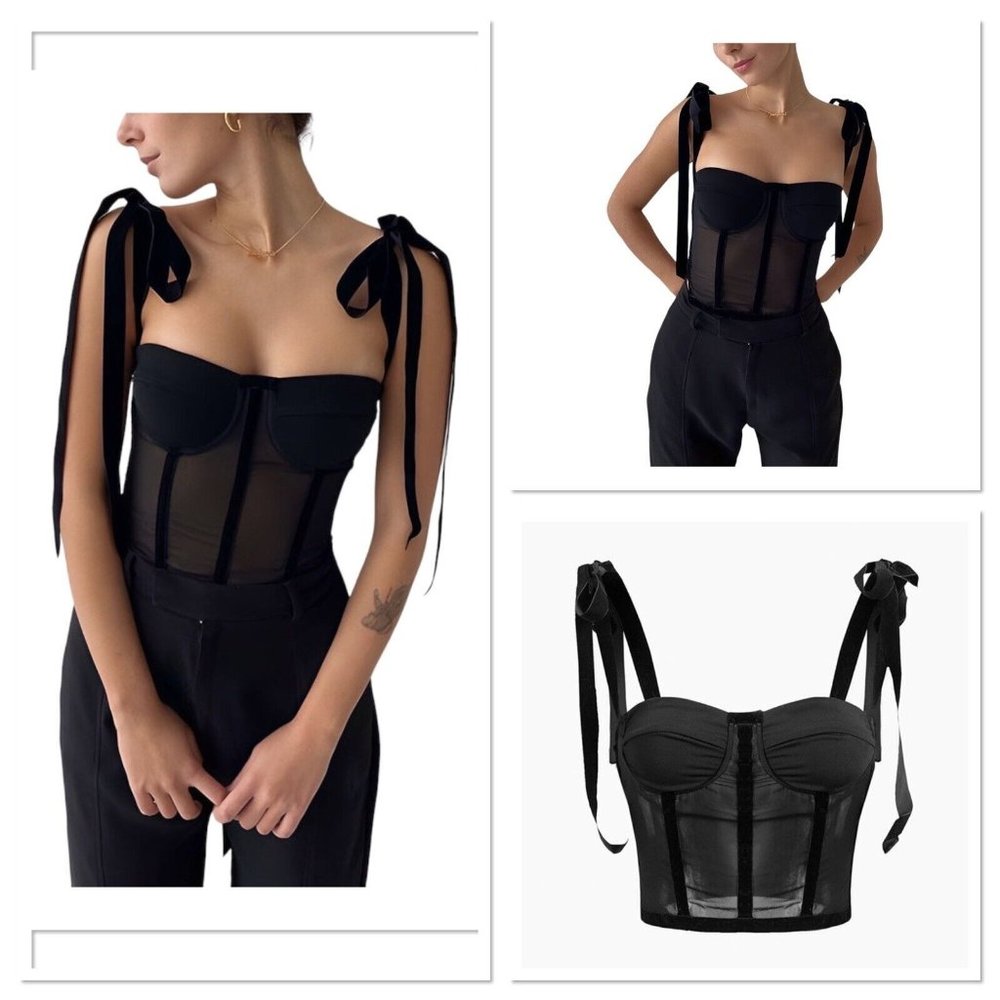 Commense Tied Mesh Corset Crop Top- Black- Women Size Large Sheer Evening New